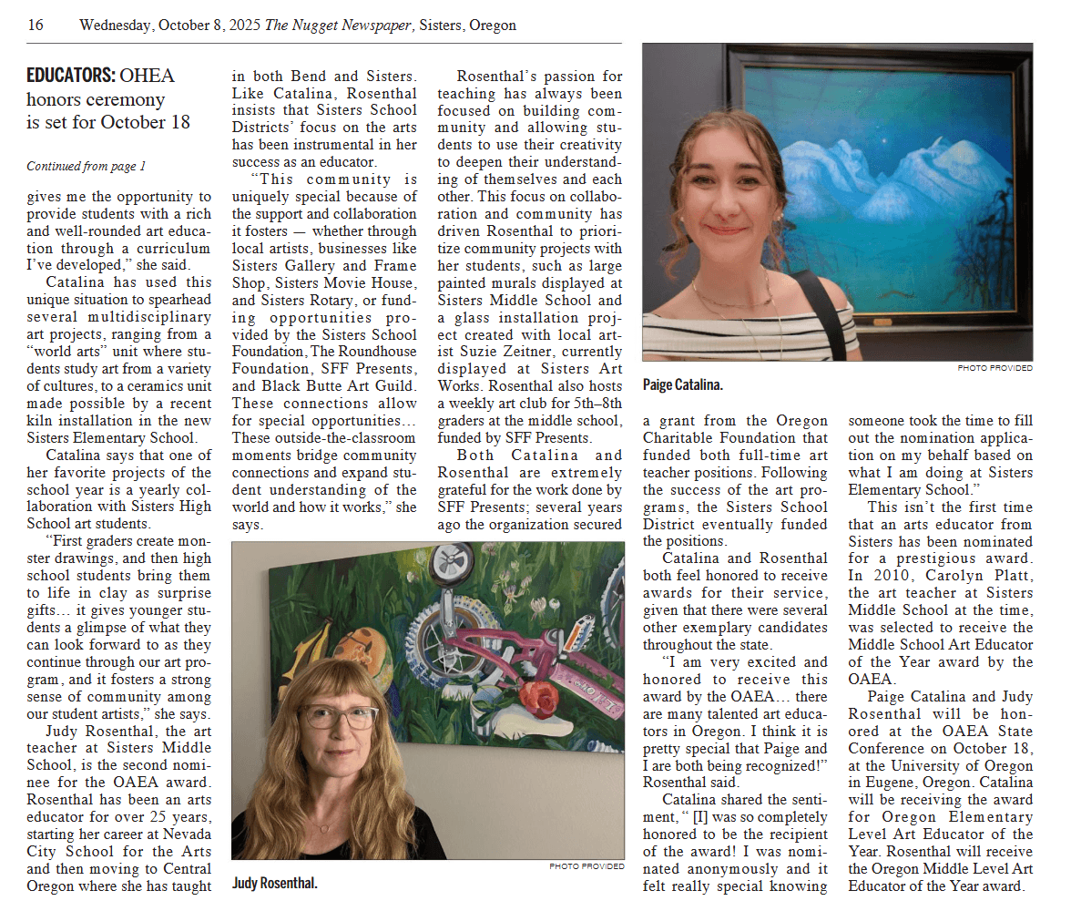 Front page newspaper clipping highlighting Sisters educators’ state honors, The Nugget (Oct. 8, 2025). Courtesy The Nugget Newspaper.